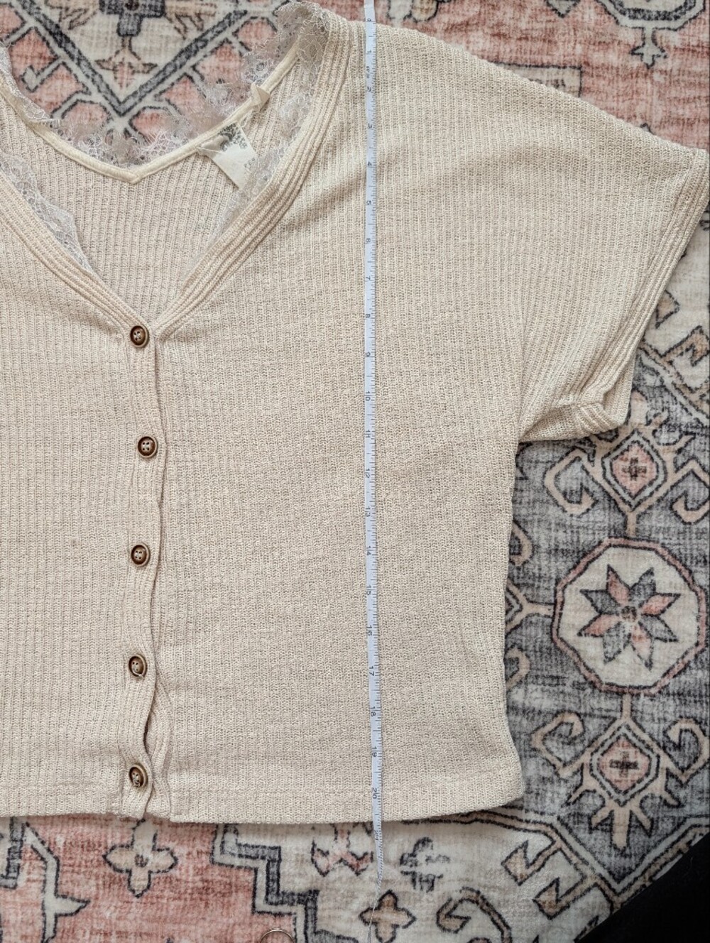 Blu Pepper Cream Ribbed Button-Front Short Sleeve Top - Picture 7 of 9